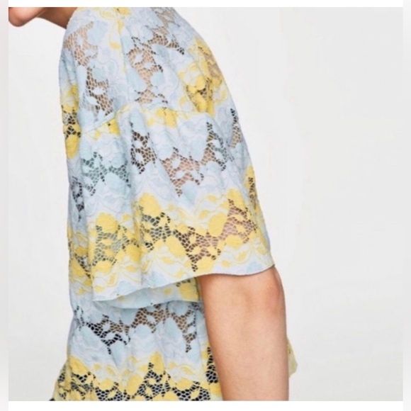ZARA NWOT Zara Blue Yellow Lace Drop Sleeve Top. Pit to pit 22 inches. 💙💛💙💛 - Picture 3 of 5